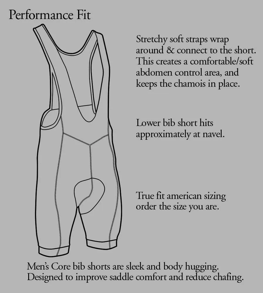 | Men's Core Padded Cycling Bib-Shorts | Long Distance Black Bibs | Made in USA