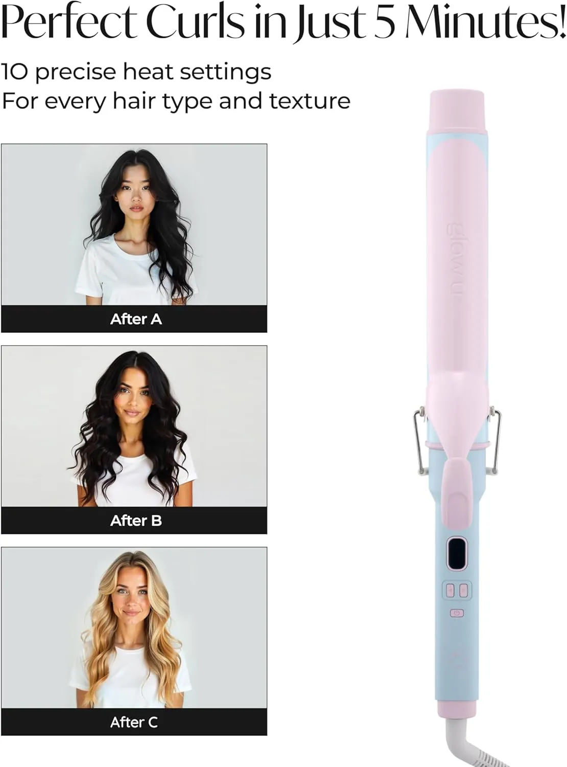 1 1/2 inch Extra Long Curling Iron - 10 Temperature Modes Fast and Easy Styling - 7.3" Ceramic Barrel Hair Wand for All Hair Types Blowout, Beach Waves, Bouncy Curls - Cotton Candy