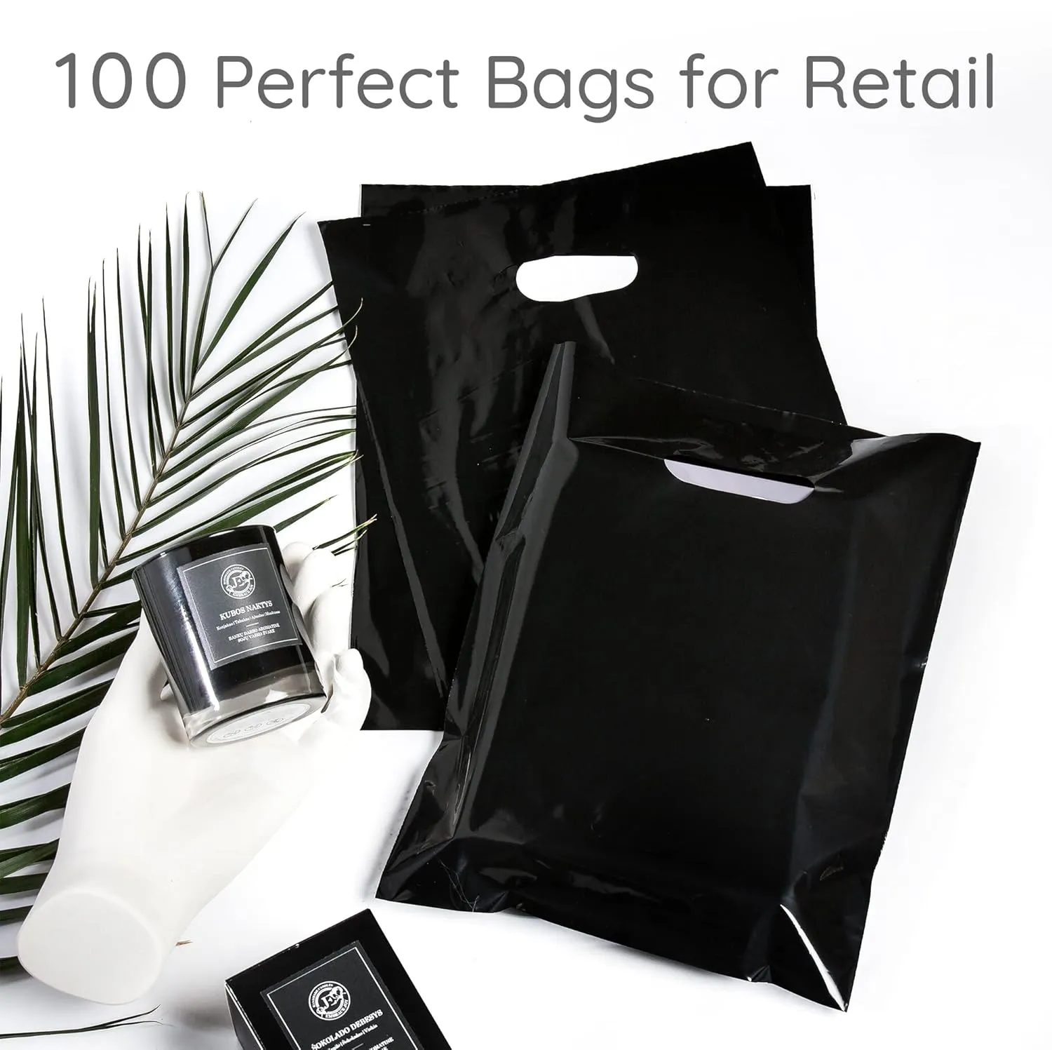 100 Black Bags for Small Business 1.5Mil Thick 9"x12" Perfect For Merchandise And Retail Glossy Black Thank You Bags With Handles