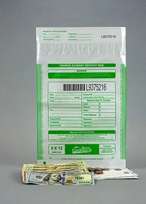 100 Cashier Depot Tamper Evident Bank Deposit Bags, 9" x 12" White/Opaque, Serialized Numbering, Barcode, Press & Seal Void Closure Tape (100 Bags)