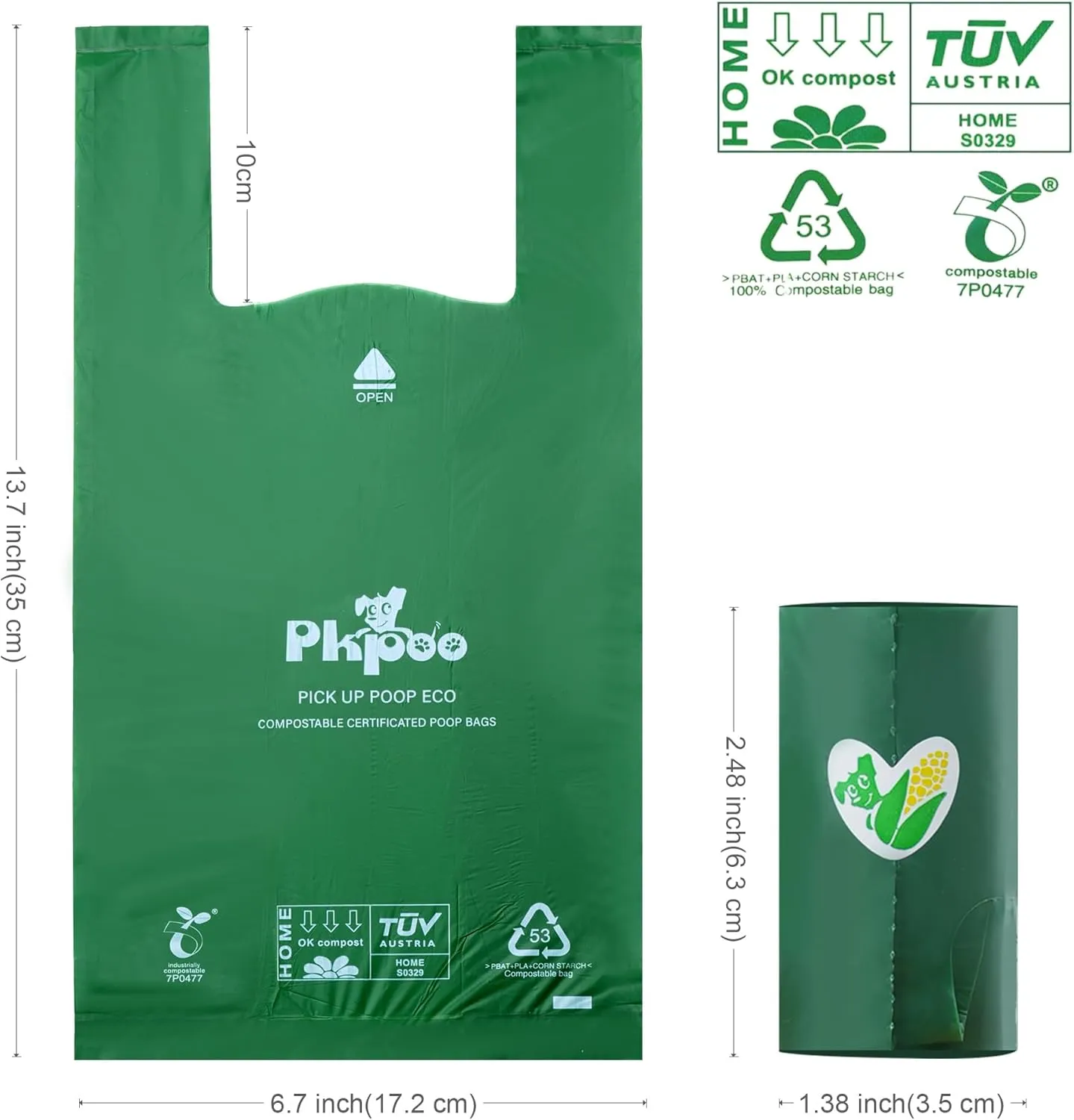 100% Compostable Dog Poop Bags with Handles, Extra Wide, Vegetable-Based Large Poop Bags for Dogs, Biodegradable Waste Bags for Poo, Cat Litter, Diaper Sacks, Unscented, 180 Counts