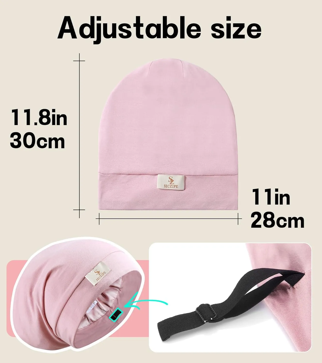 100% Mulberry Silk Bonnet for Sleeping for Curly Hair and Braids, Wrap with Adjustable Strap for Women and Men, Silk, Not Satin（1Pc,Pink