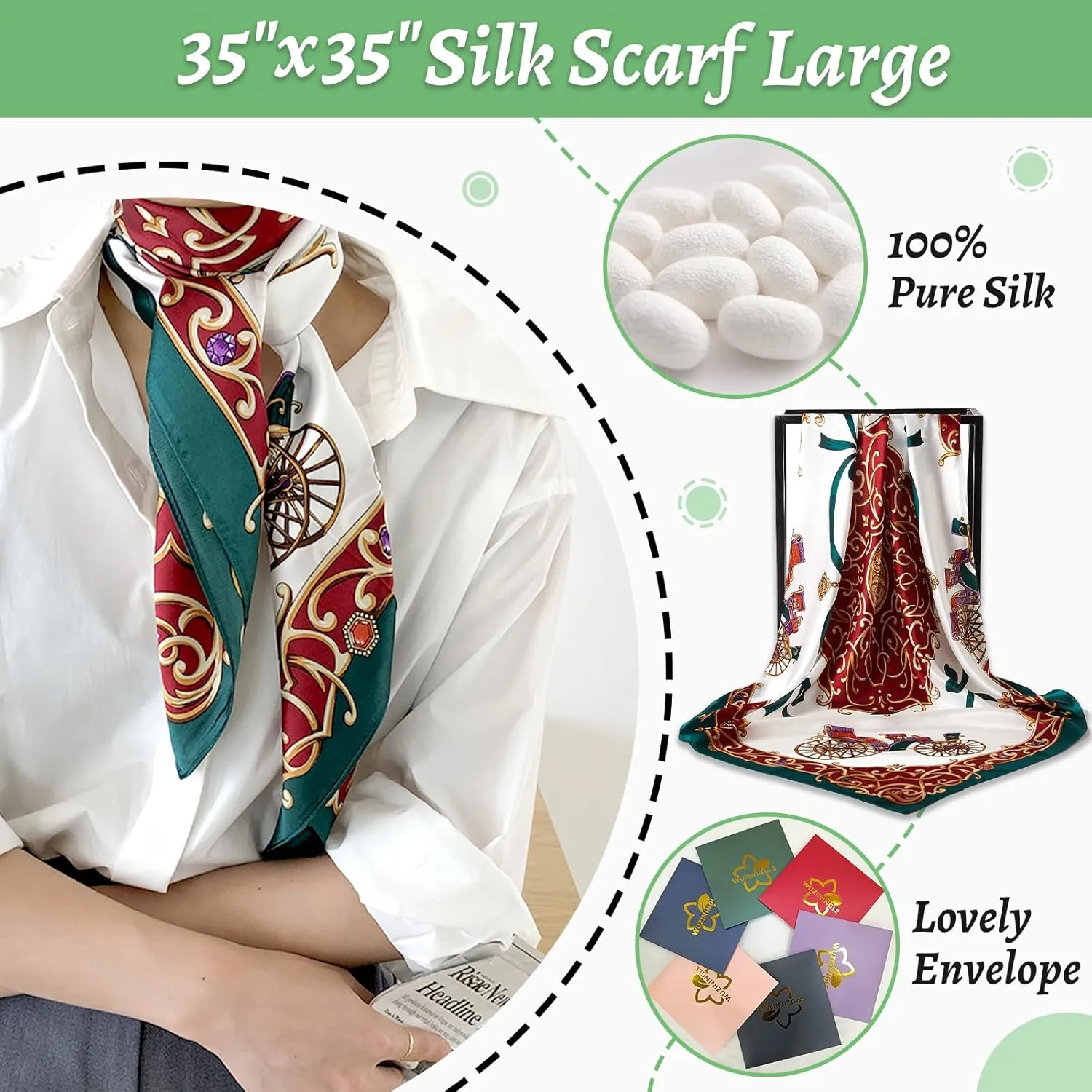 100% Mulberry Silk Head Scarf for Sleeping 35"x35" Square Silk Hair Scarf for Women Lightweight Bandana Large