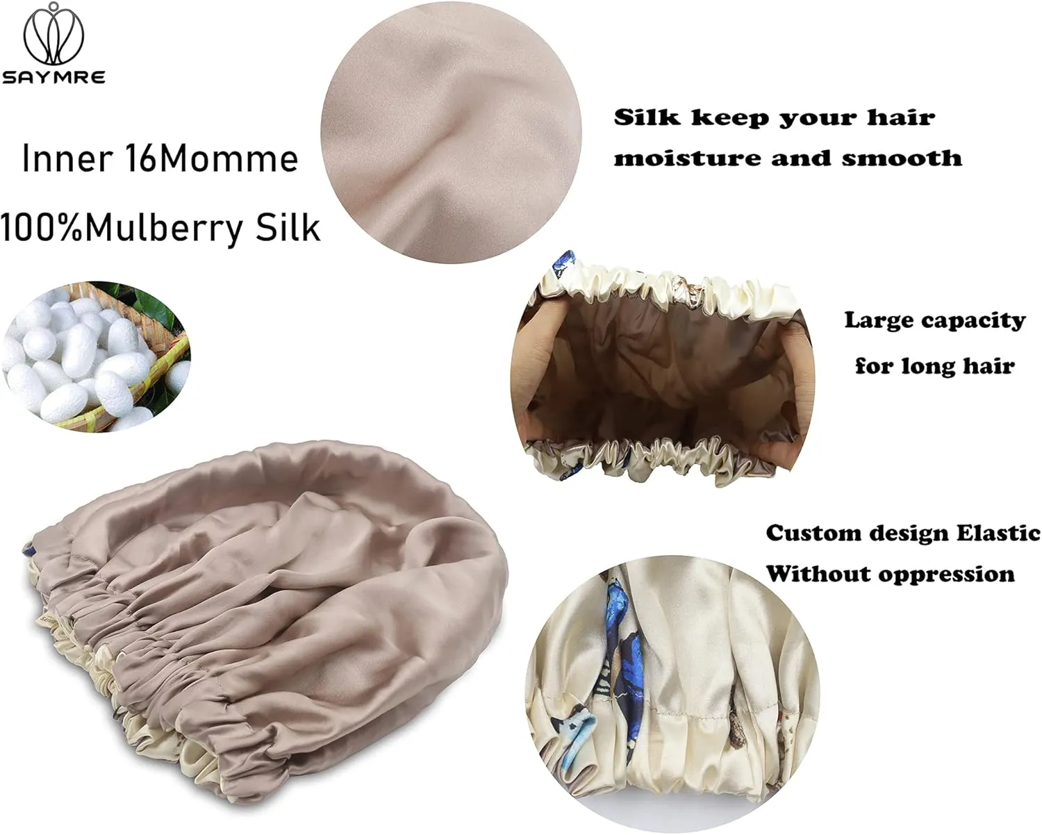 100% Mulberry Silk Lined Bonnet Adjustable Satin Sleep Cap 19 Momme Silk Bonnet for Women Curly,Long Hair Care