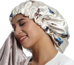 100% Mulberry Silk Lined Bonnet Adjustable Satin Sleep Cap 19 Momme Silk Bonnet for Women Curly,Long Hair Care