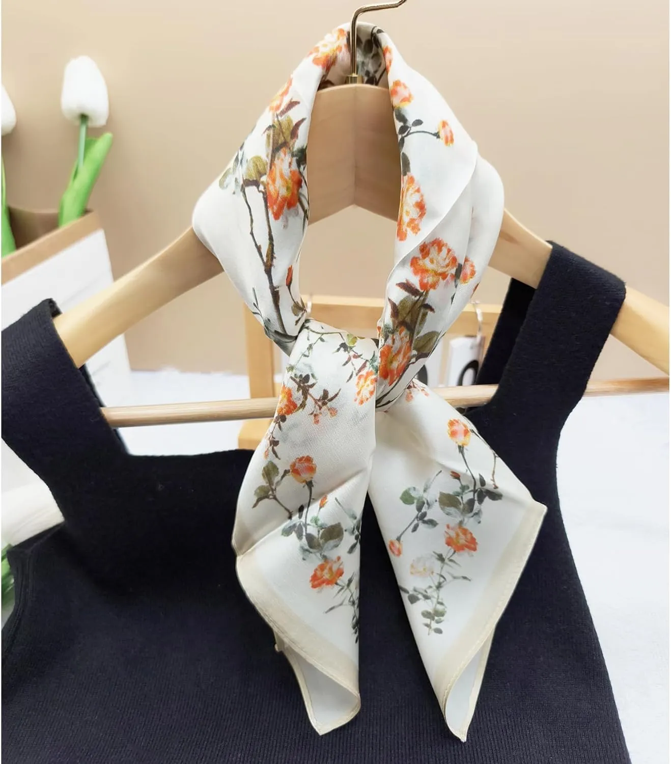 100% Mulberry Silk Neck Scarf - 21"x21" Small Printed Square Neckerchief Scarves for Women