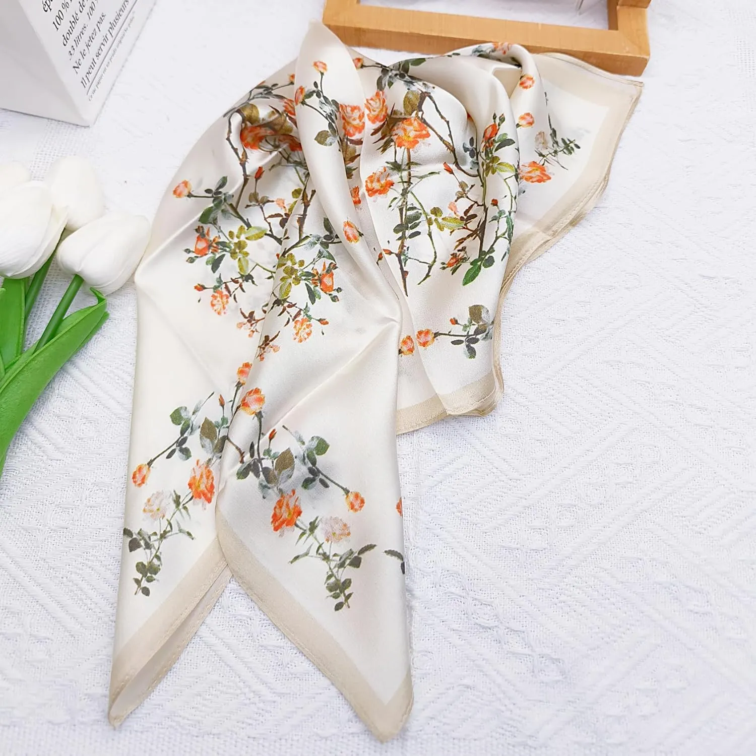 100% Mulberry Silk Neck Scarf - 21"x21" Small Printed Square Neckerchief Scarves for Women