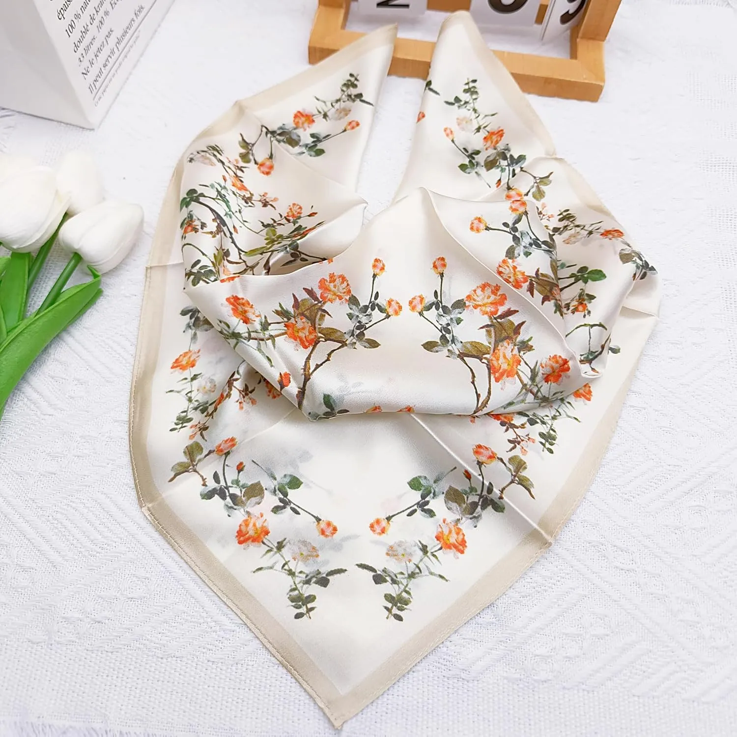 100% Mulberry Silk Neck Scarf - 21"x21" Small Printed Square Neckerchief Scarves for Women