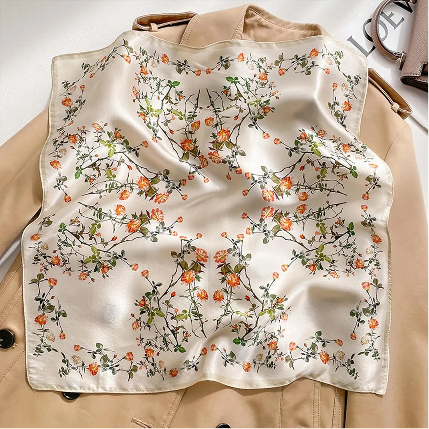 100% Mulberry Silk Neck Scarf - 21"x21" Small Printed Square Neckerchief Scarves for Women