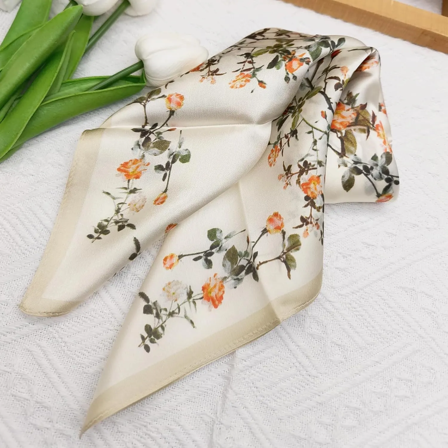 100% Mulberry Silk Neck Scarf - 21"x21" Small Printed Square Neckerchief Scarves for Women