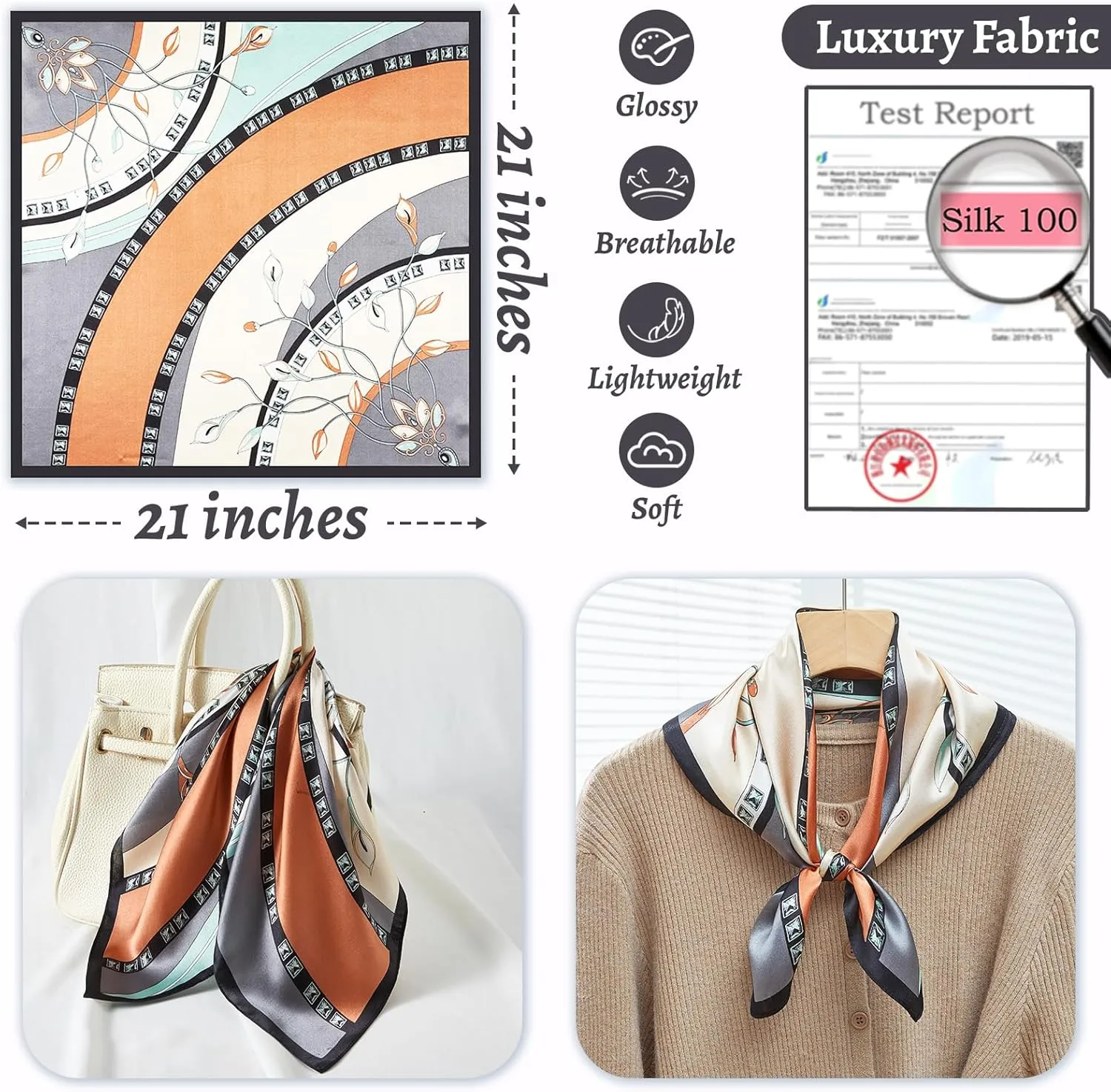 100% Mulberry Silk Neck Scarf 21''x21'' Small Square Hair Scarf for Women Men Lightweight Bandana Envelope Package