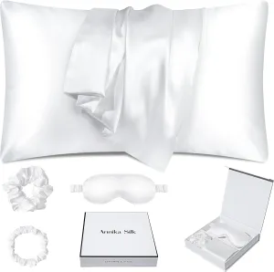 100% Mulberry Silk Pillow Case for Hair and Skin - 22 Momme 6A Queen Size (20" x 30") Silk Pillow and Sleep Mask Set with Small and Big Hair Tie (White)