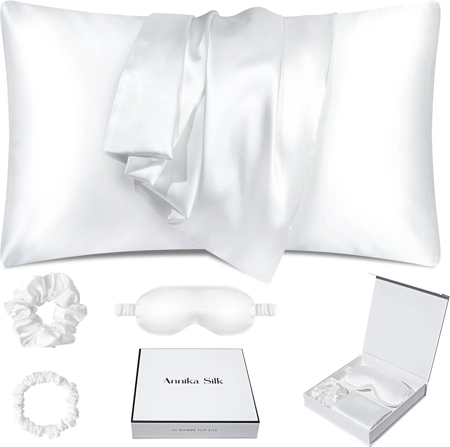 100% Mulberry Silk Pillow Case for Hair and Skin - 22 Momme 6A Queen Size (20" x 30") Silk Pillow and Sleep Mask Set with Small and Big Hair Tie (White)