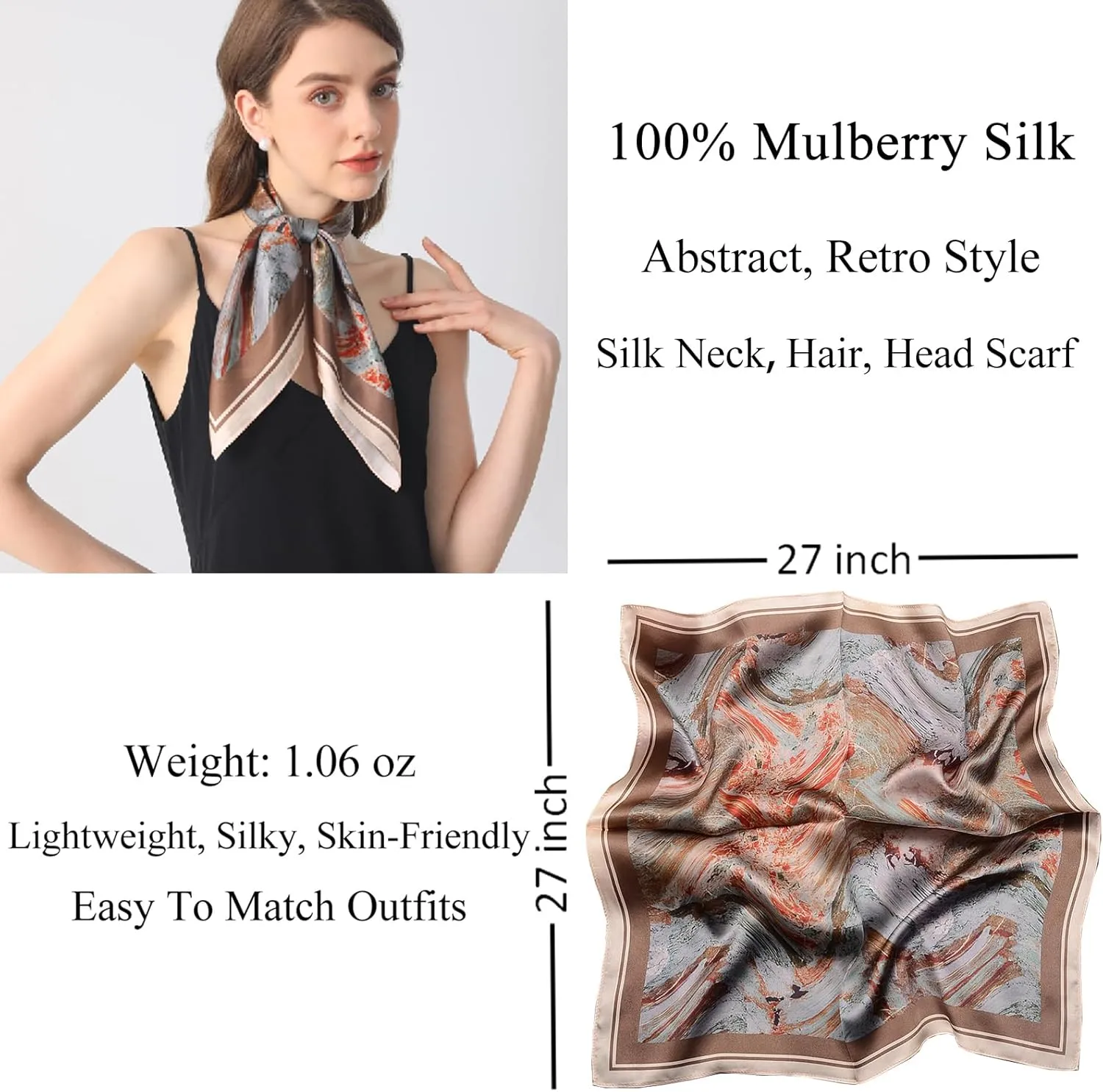 100% Mulberry Silk Scarf 27"x27" Square Silk Scarves Hair Wrap Neck Head Scarf for Women, Mothers Day Gifts