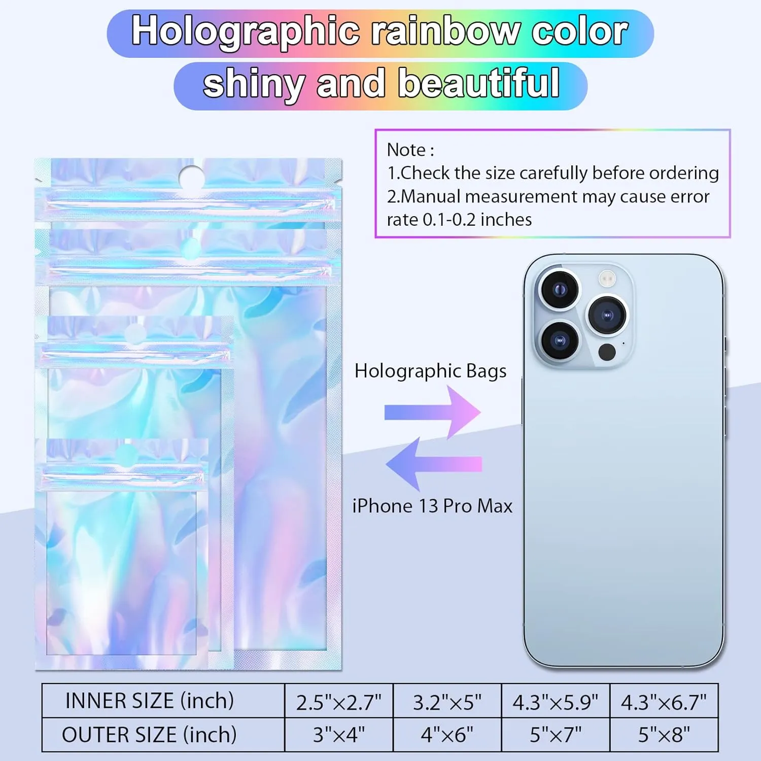 100 Pack Holographic Bags, 5.5" x 7.8" Resealable Smell Proof Bags, Packaging Bag for Small Business, Rainbow Color Mylar Bag, Foil Holographic Zip Pouch for Food Storage Jewelry Packaging