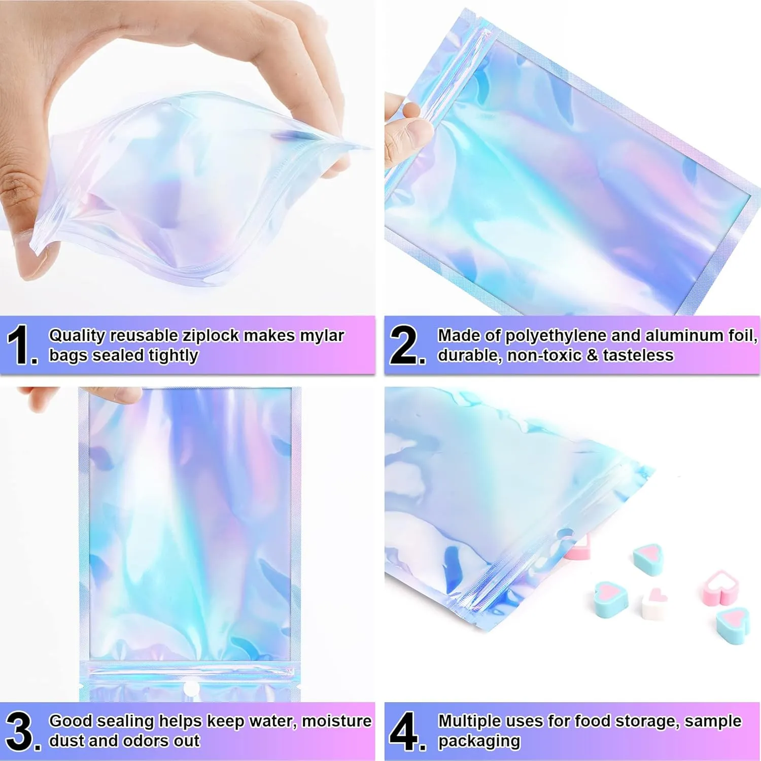 100 Pack Holographic Bags, 5.5" x 7.8" Resealable Smell Proof Bags, Packaging Bag for Small Business, Rainbow Color Mylar Bag, Foil Holographic Zip Pouch for Food Storage Jewelry Packaging