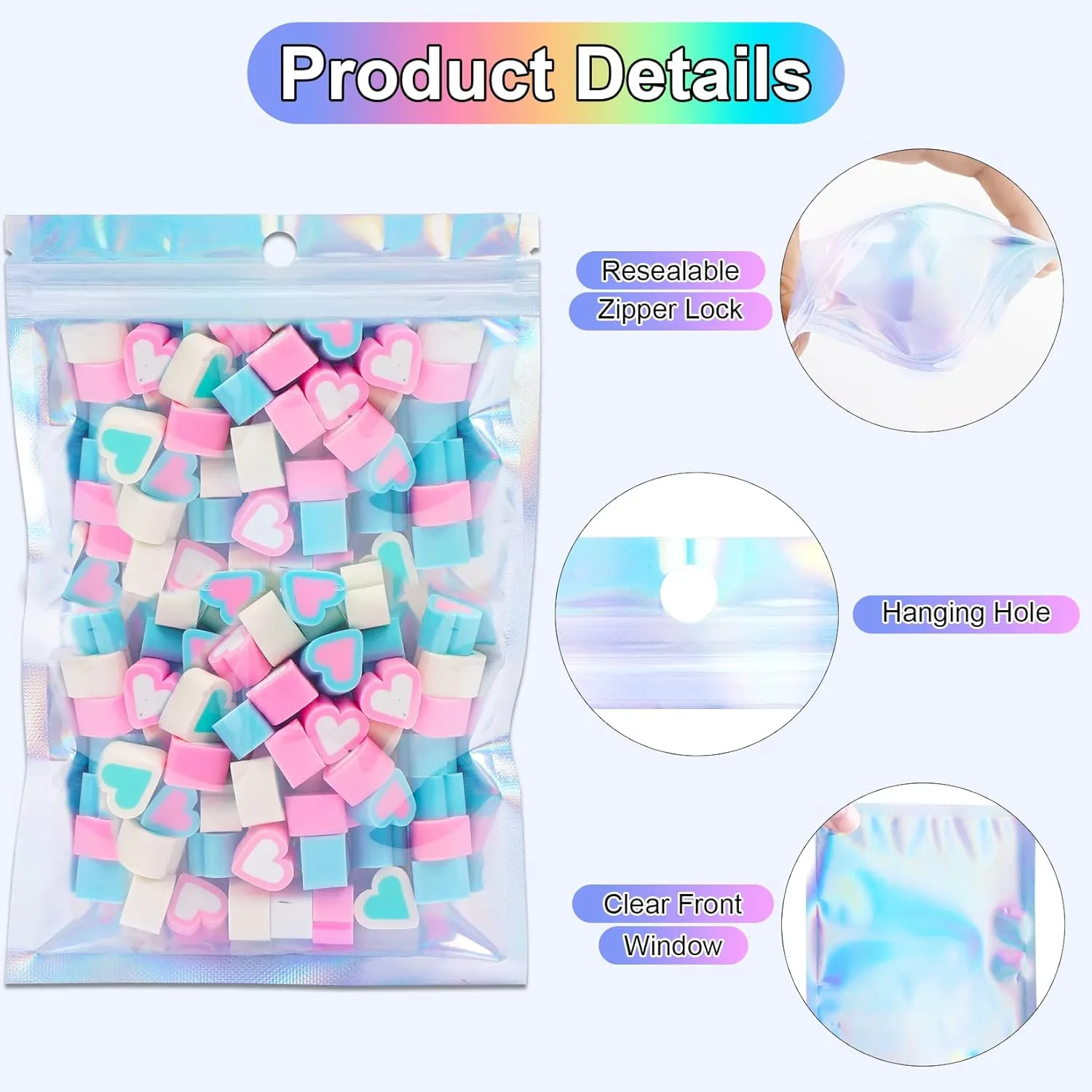 100 Pack Holographic Bags, 5.5" x 7.8" Resealable Smell Proof Bags, Packaging Bag for Small Business, Rainbow Color Mylar Bag, Foil Holographic Zip Pouch for Food Storage Jewelry Packaging