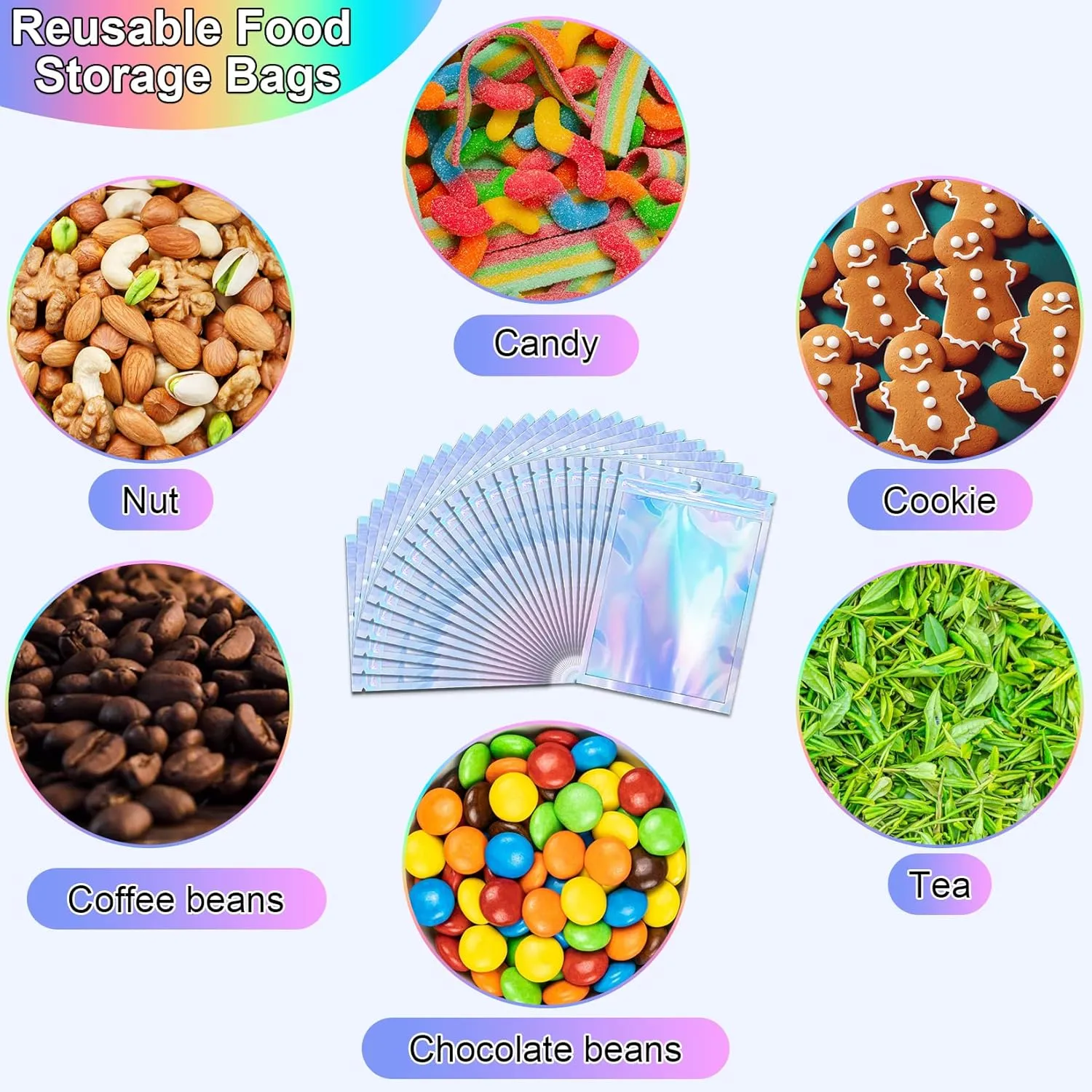 100 Pack Holographic Bags, 5.5" x 7.8" Resealable Smell Proof Bags, Packaging Bag for Small Business, Rainbow Color Mylar Bag, Foil Holographic Zip Pouch for Food Storage Jewelry Packaging