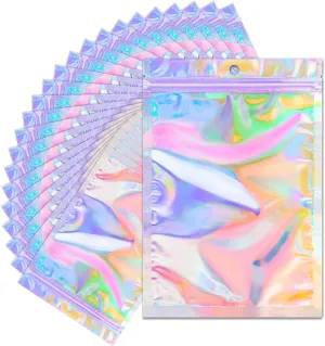 100 Pack Holographic Bags, 5.5" x 7.8" Resealable Smell Proof Bags, Packaging Bag for Small Business, Rainbow Color Mylar Bag, Foil Holographic Zip Pouch for Food Storage Jewelry Packaging