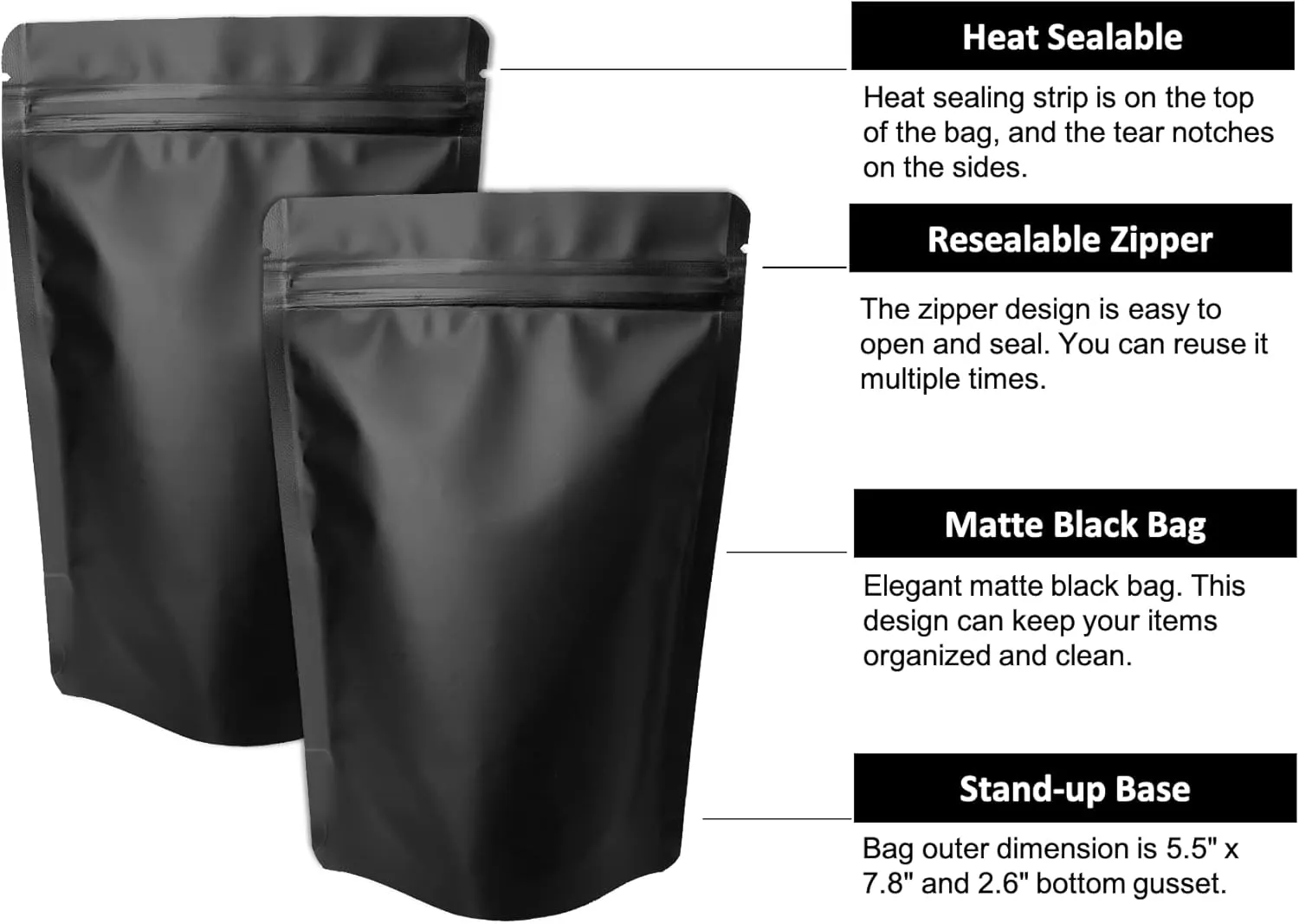 100 Pack Matte Black Mylar Stand Up Bags - 5.5x7.8 Inches Smell Proof Resealable Pouch Bag, Sealable Foil Packaging Zipper Pouches for Food Storage