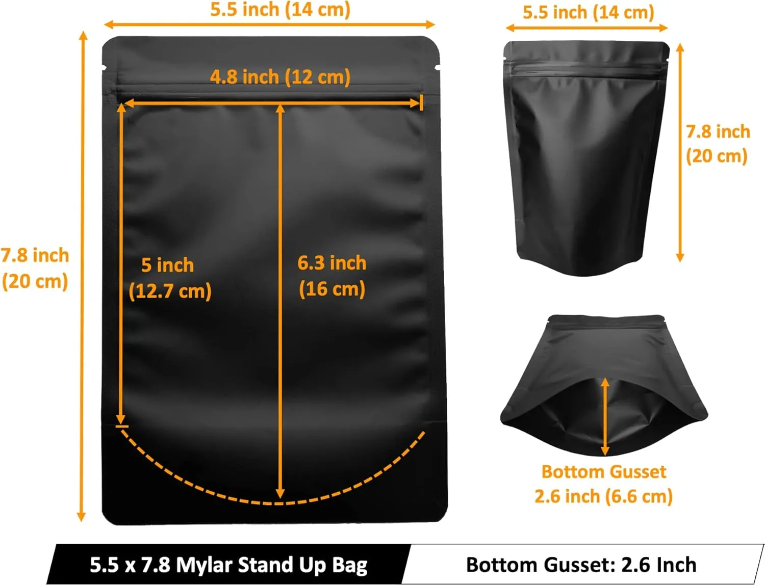 100 Pack Matte Black Mylar Stand Up Bags - 5.5x7.8 Inches Smell Proof Resealable Pouch Bag, Sealable Foil Packaging Zipper Pouches for Food Storage