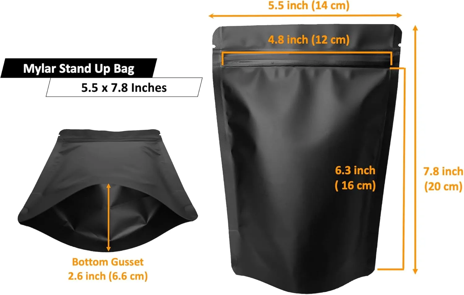 100 Pack Matte Black Mylar Stand Up Bags - 5.5x7.8 Inches Smell Proof Resealable Pouch Bag, Sealable Foil Packaging Zipper Pouches for Food Storage