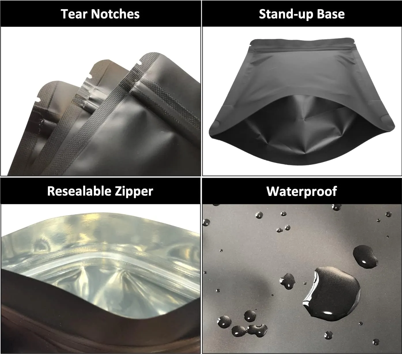 100 Pack Matte Black Mylar Stand Up Bags - 5.5x7.8 Inches Smell Proof Resealable Pouch Bag, Sealable Foil Packaging Zipper Pouches for Food Storage