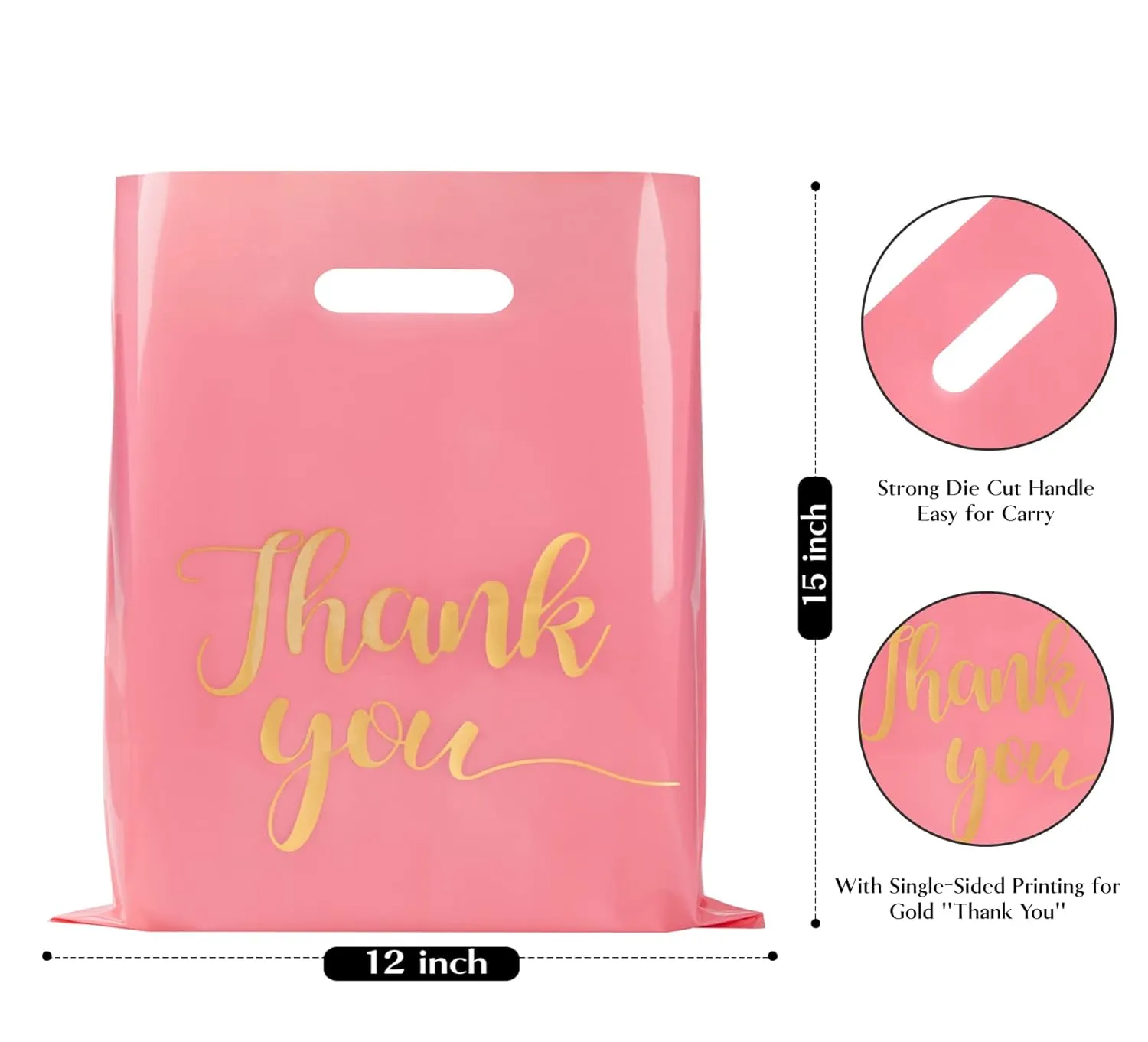 100 Pack Pink Thank You Shopping Bags for Small Business - 12"x15" Extra Thick 2.36 Mil Plastic Retail Thank You Bags with Handles for Stores, Boutique, Clothes, Business Gift