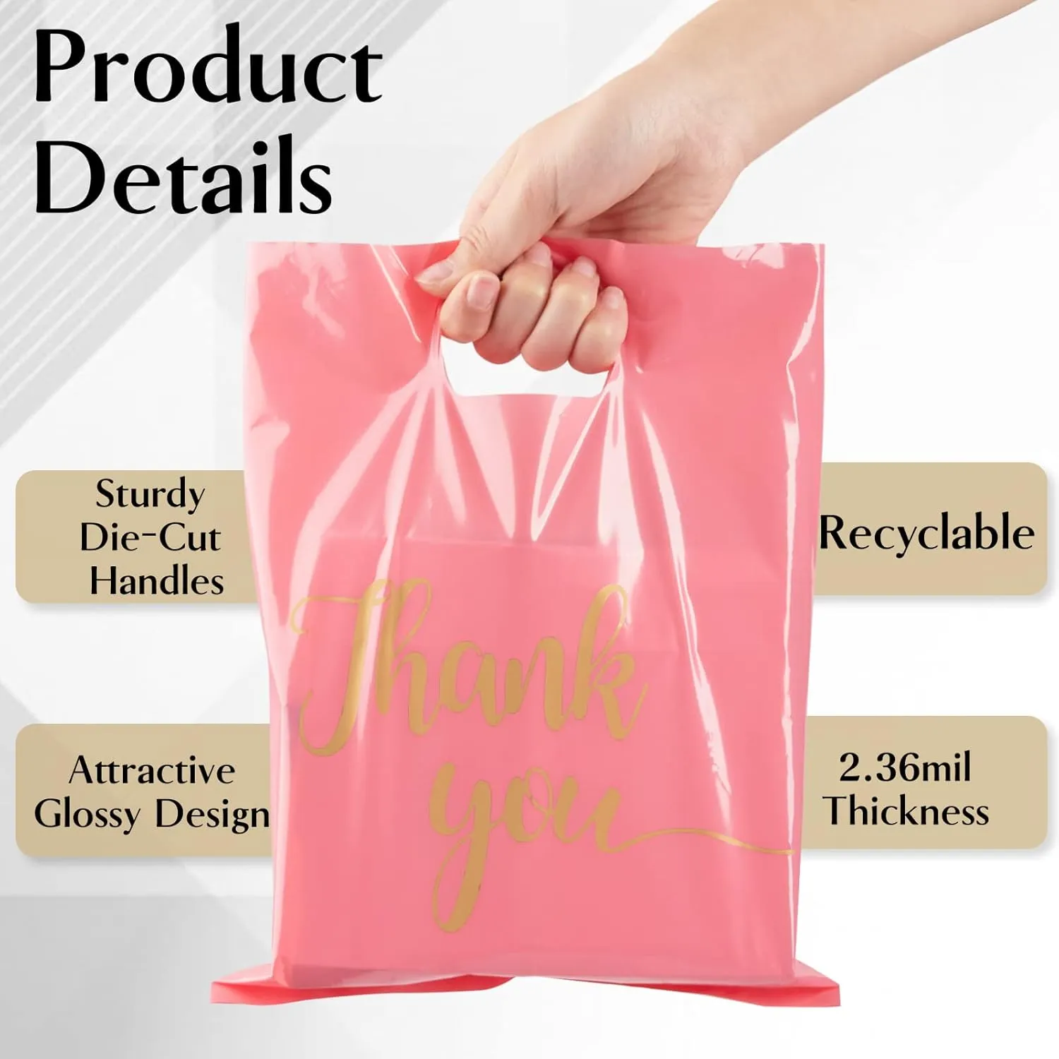 100 Pack Pink Thank You Shopping Bags for Small Business - 12"x15" Extra Thick 2.36 Mil Plastic Retail Thank You Bags with Handles for Stores, Boutique, Clothes, Business Gift