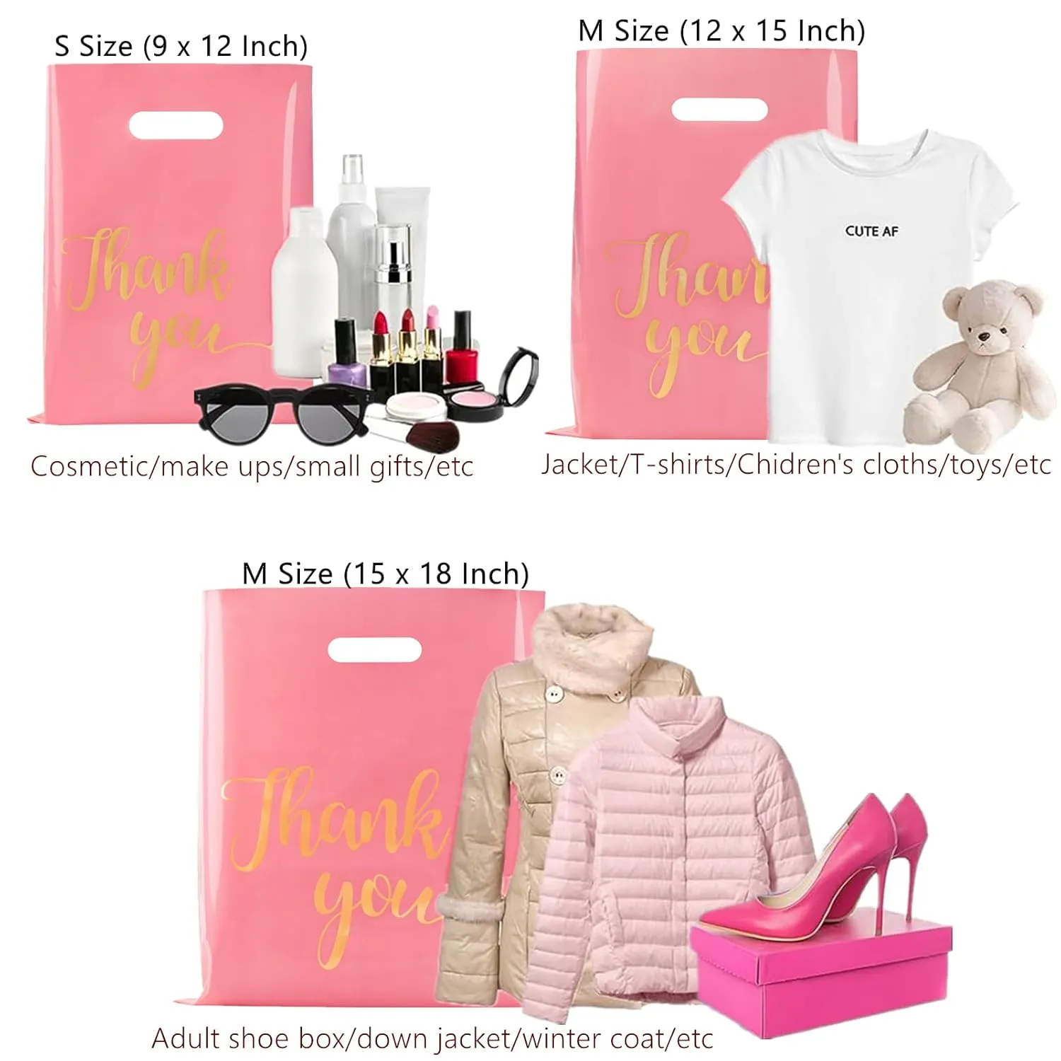 100 Pack Pink Thank You Shopping Bags for Small Business - 12"x15" Extra Thick 2.36 Mil Plastic Retail Thank You Bags with Handles for Stores, Boutique, Clothes, Business Gift