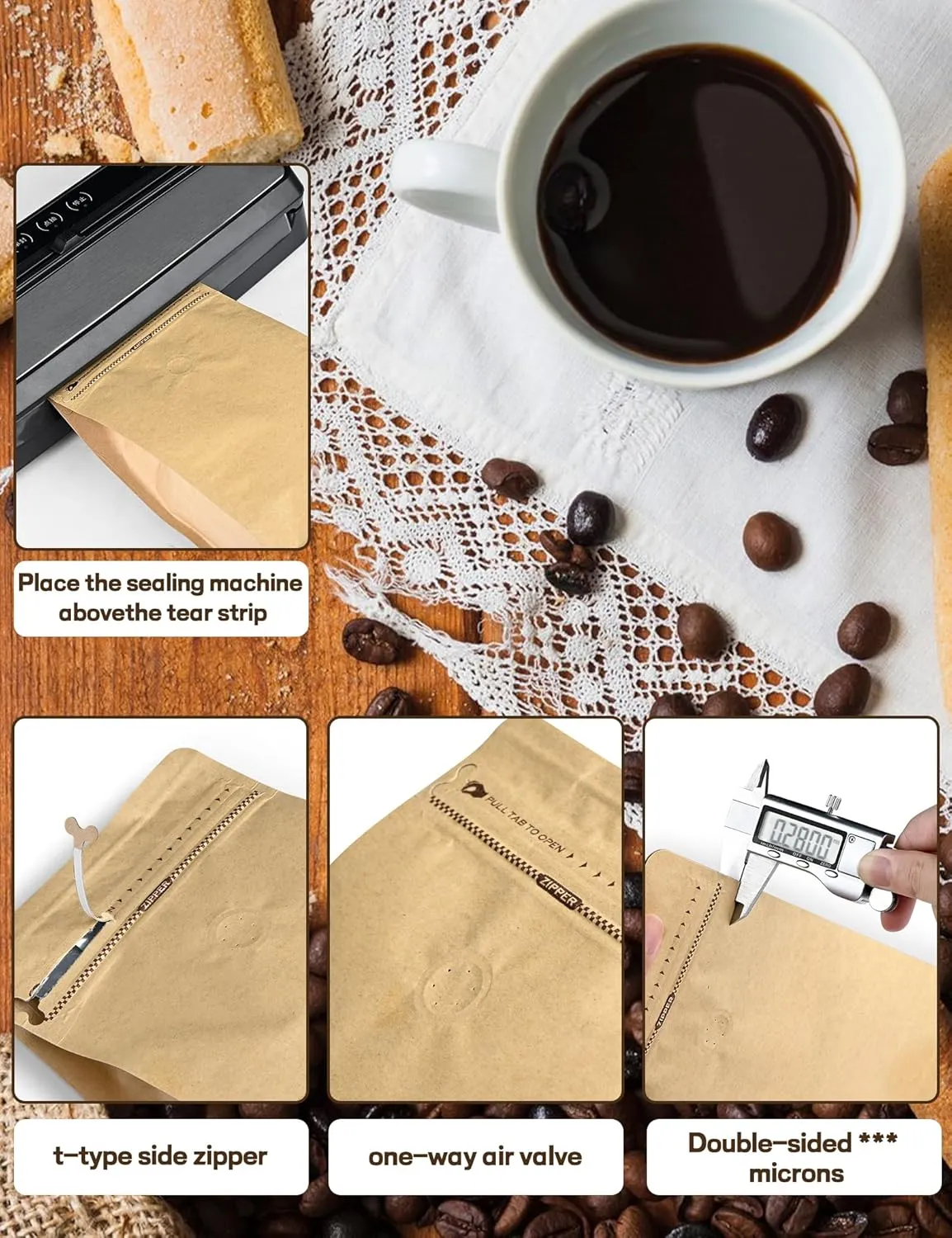 100 PCS Coffee Bags with Valve, (16 oz, 1 lb) Paper Stand Up Pouches, Resealable Vented Food Storage Bags Side Zipper (Kraft)