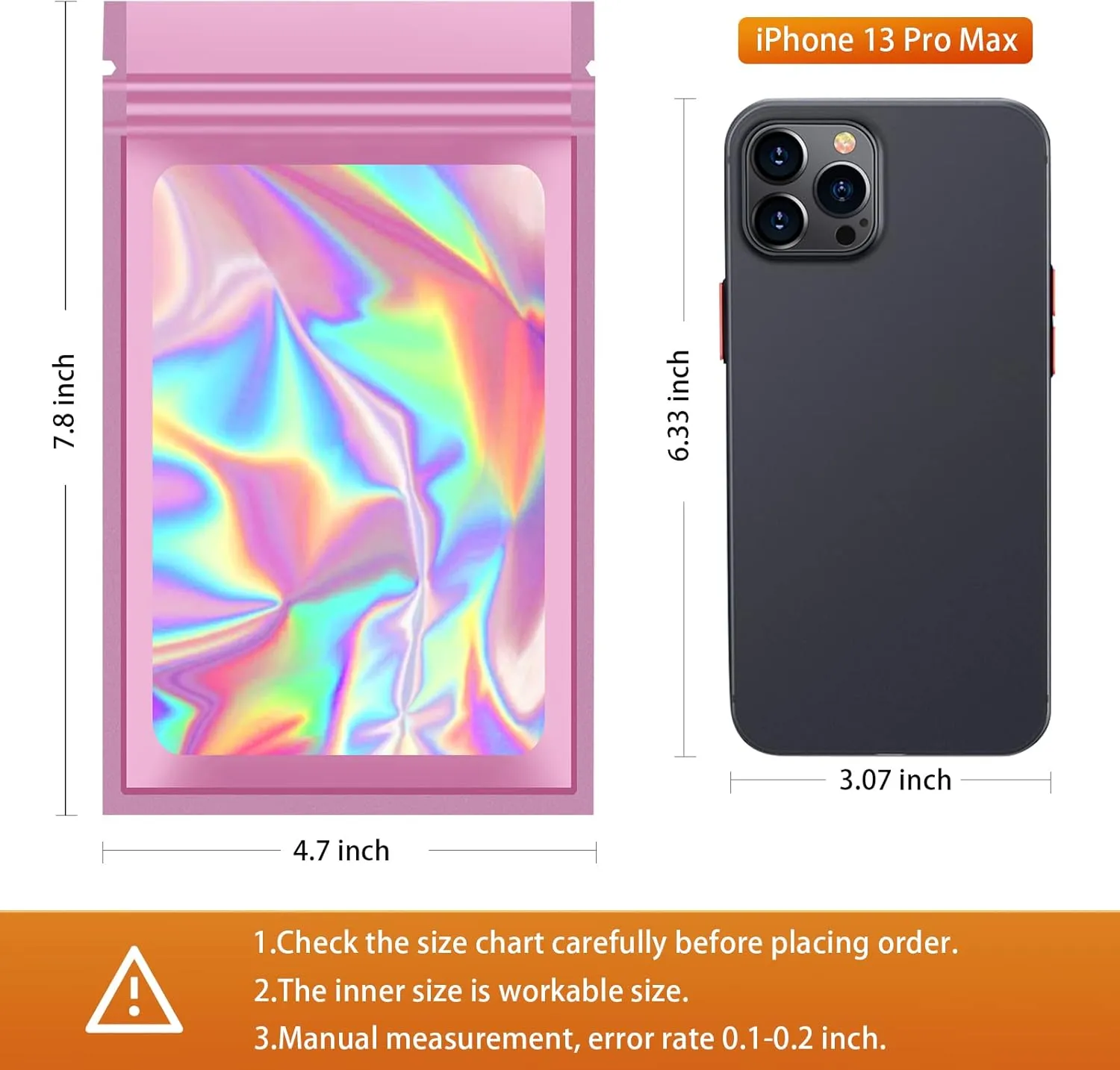 100 Pieces Resealable Mylar Bags, Small Holographic Packaging Bags, Smell Proof Mylar Bags for Food Storage/Jewelry/Eyelash for Small Business (Pink, 4.7x7.8 Inch)