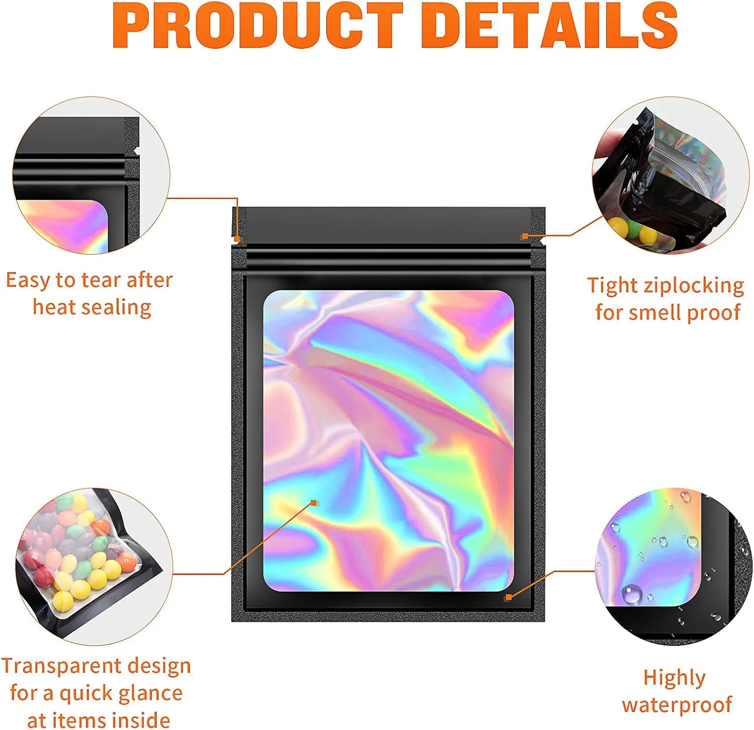 100 Pieces Resealable Mylar Bags, Small Holographic Packaging Bags, Smell Proof Mylar Bags for Food Storage/Jewelry/Eyelash for Small Business (Pink, 4.7x7.8 Inch)