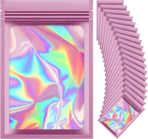 100 Pieces Resealable Mylar Bags, Small Holographic Packaging Bags, Smell Proof Mylar Bags for Food Storage/Jewelry/Eyelash for Small Business (Pink, 4.7x7.8 Inch)