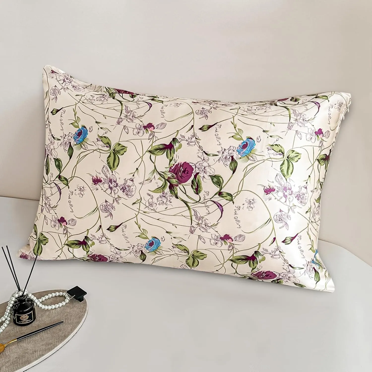 100% Pure Mulberry Silk Pillowcase Standard Size for Hair and Skin,Real Silk Pillow Cases with Zipper,Soft and Cooling,Both Sides Natural Slip Silk,Rose Floral Print,1pc(20"x26", Pattern7)