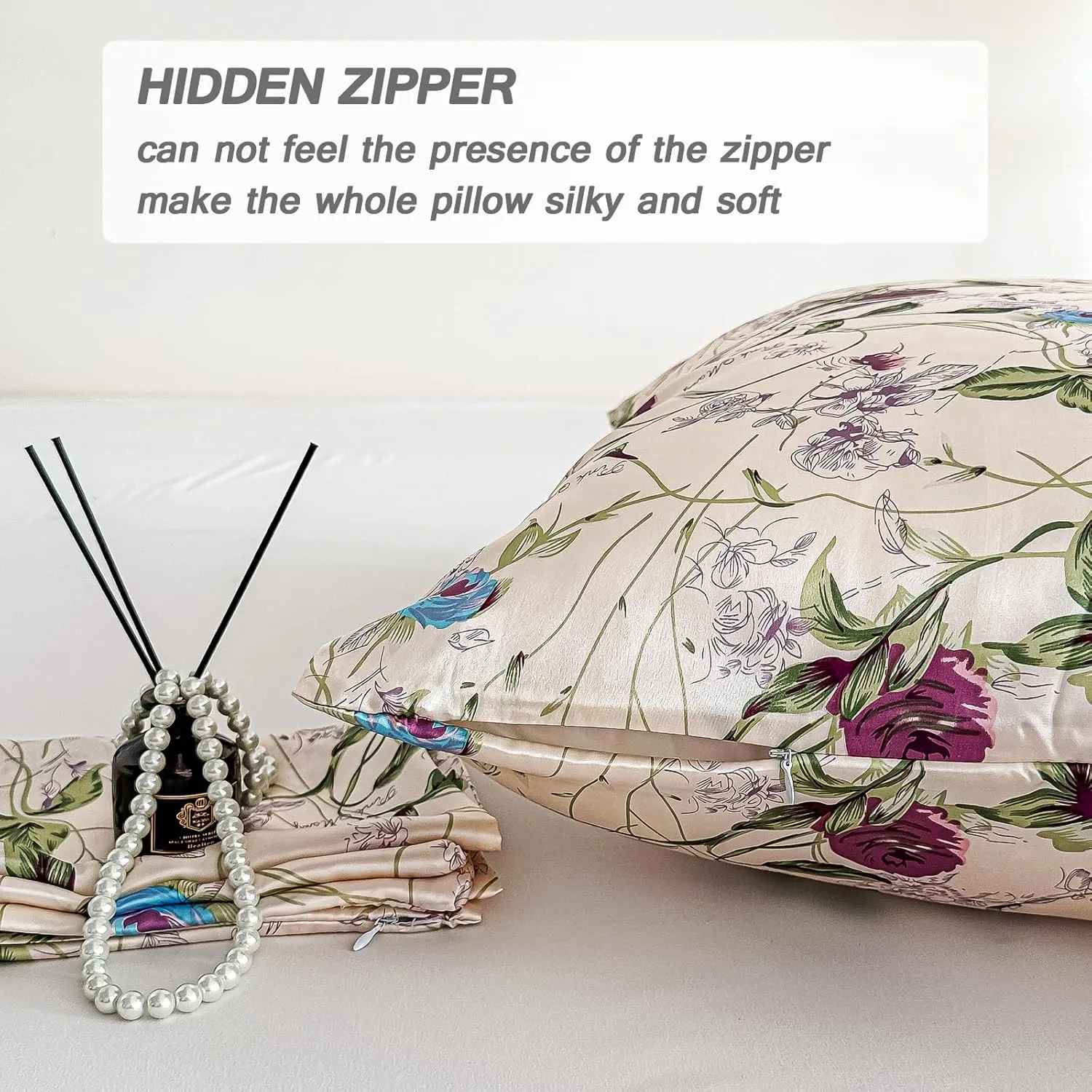 100% Pure Mulberry Silk Pillowcase Standard Size for Hair and Skin,Real Silk Pillow Cases with Zipper,Soft and Cooling,Both Sides Natural Slip Silk,Rose Floral Print,1pc(20"x26", Pattern7)