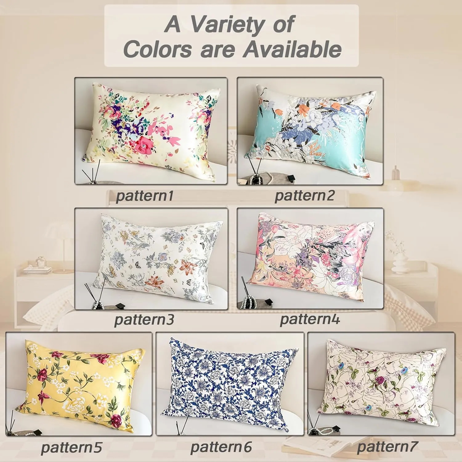 100% Pure Mulberry Silk Pillowcase Standard Size for Hair and Skin,Real Silk Pillow Cases with Zipper,Soft and Cooling,Both Sides Natural Slip Silk,Rose Floral Print,1pc(20"x26", Pattern7)