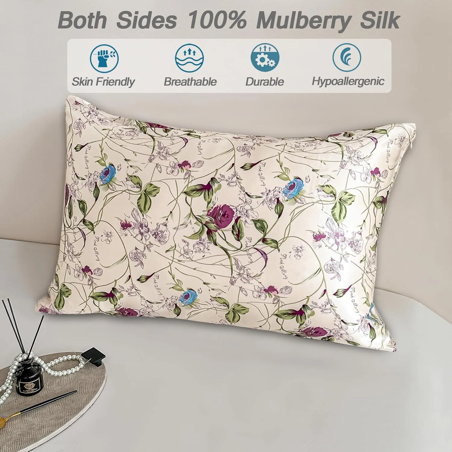 100% Pure Mulberry Silk Pillowcase Standard Size for Hair and Skin,Real Silk Pillow Cases with Zipper,Soft and Cooling,Both Sides Natural Slip Silk,Rose Floral Print,1pc(20"x26", Pattern7)