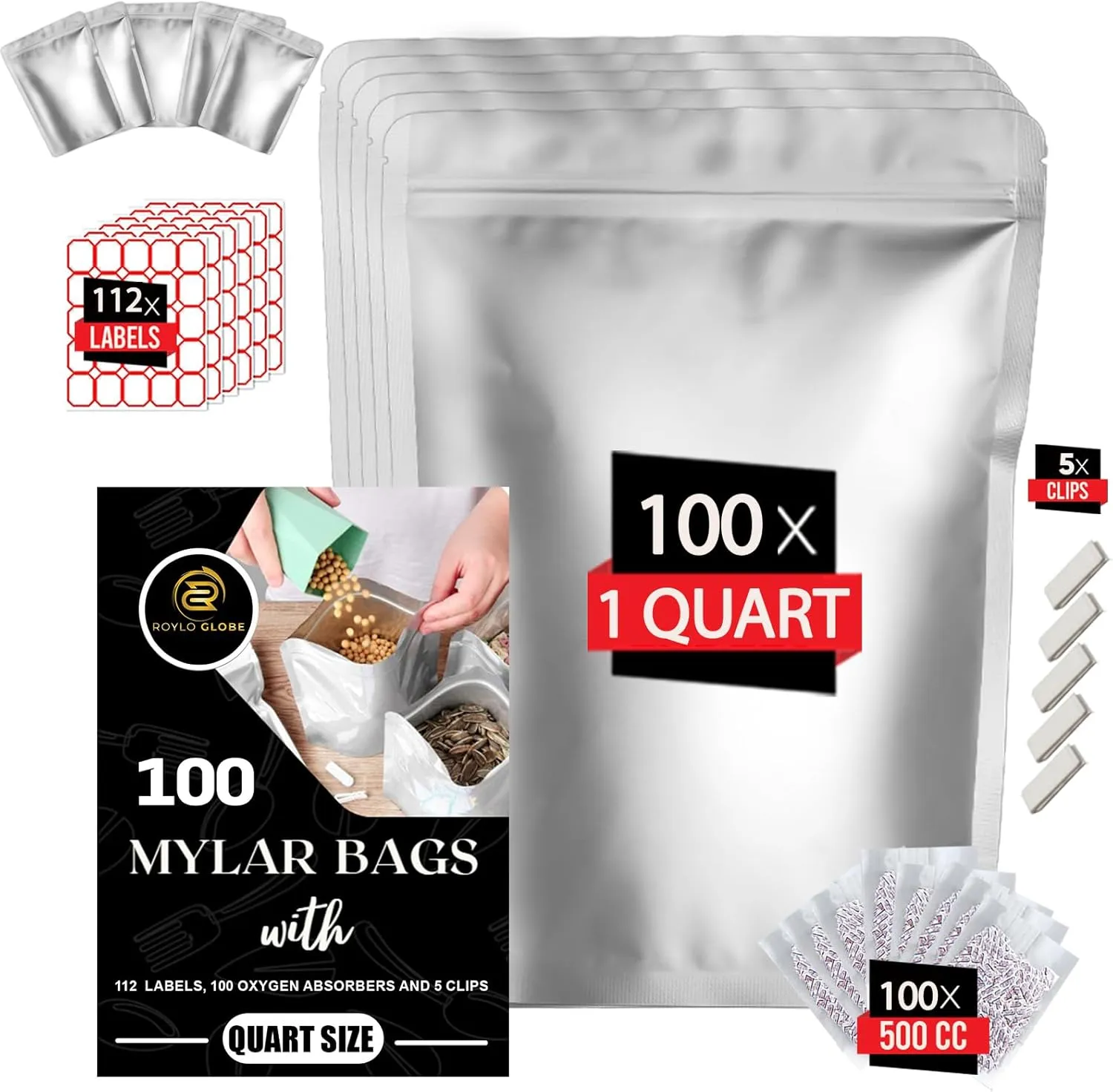 100pcs Quart Mylar Bags with 500cc Oxygen Absorbers-112 Labels & 10 MIL Thick Stand-Up Reusable Airtight Smell Proof Resealable Bags with 5 Clips - Food Storage Large Mylar Bags
