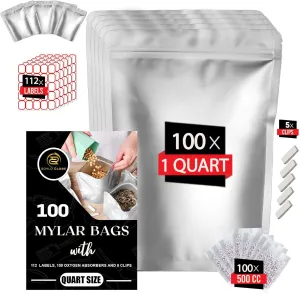 100pcs Quart Mylar Bags with 500cc Oxygen Absorbers-112 Labels & 10 MIL Thick Stand-Up Reusable Airtight Smell Proof Resealable Bags with 5 Clips - Food Storage Large Mylar Bags