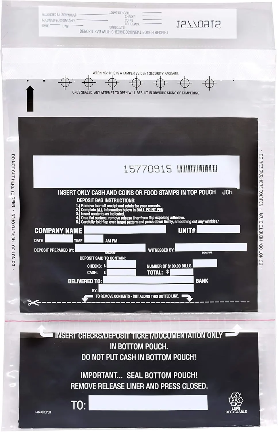 100pk 2-Pocket Tamper Resistant Cash Deposit Bags, 10" x 14" - Fold Over Sealing, Tamper Indicating Enclosure - Semi-transparent 2.5 Mil Coextruded Polyethylene