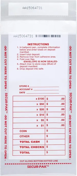 100pk Drop Safe Cash Deposit Bag, 4.5"x9" Transparent, Tamper Resistant Closure with Serialized Numbers
