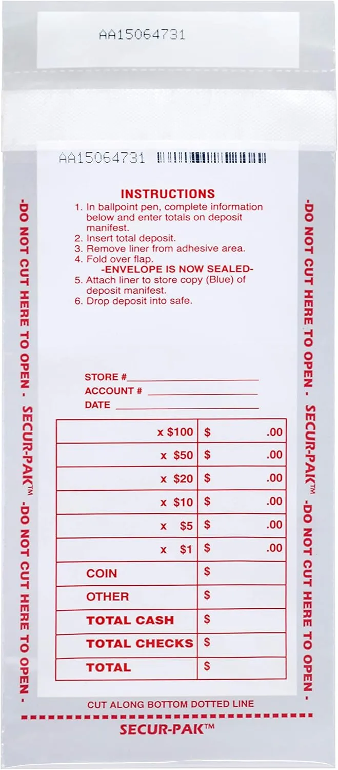 100pk Drop Safe Cash Deposit Bag, 4.5"x9" Transparent, Tamper Resistant Closure with Serialized Numbers