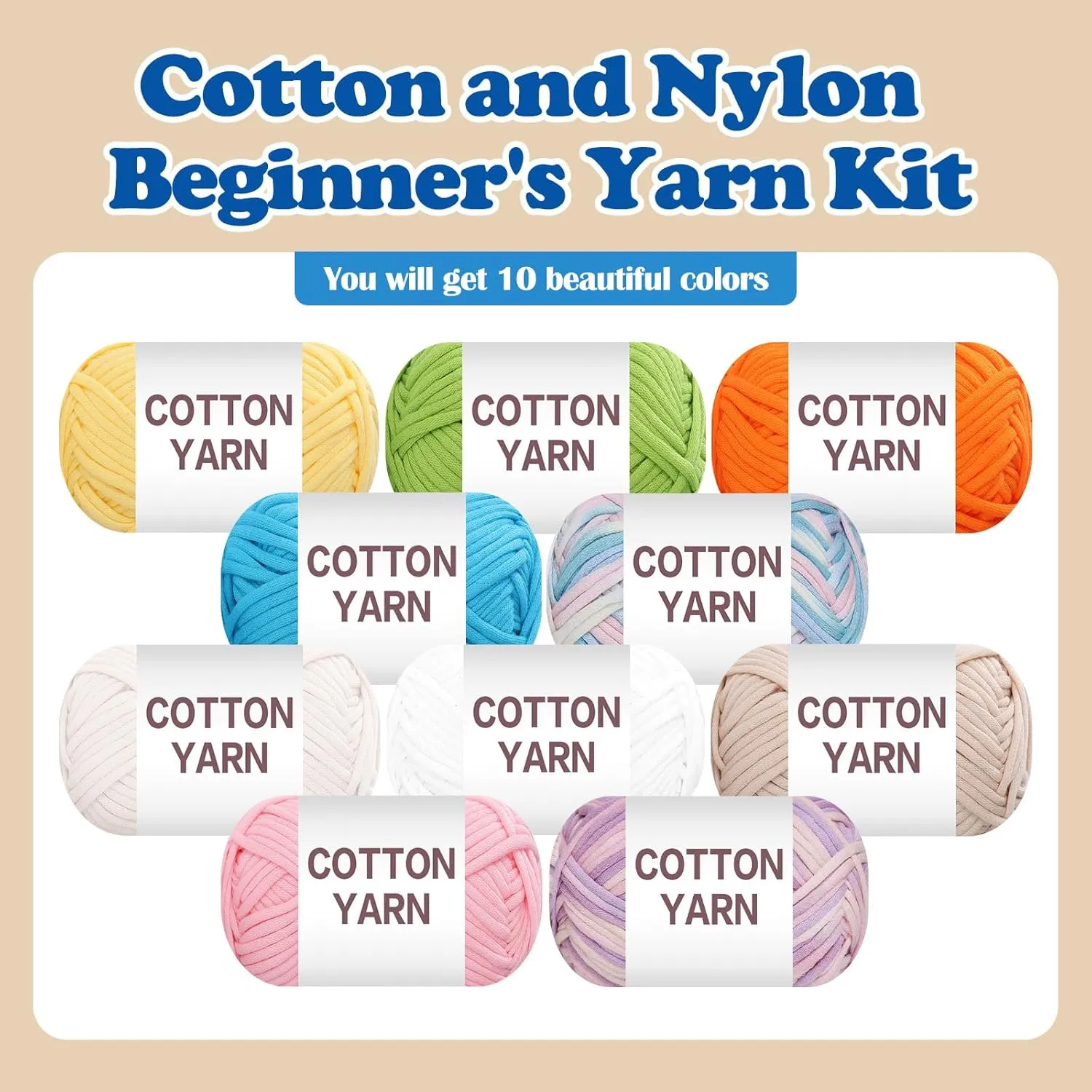 10×50g Beginners Yarn Kit for Crocheting and Knitting,Cotton Nylon Blend Yarn for Hand DIY Bag Basket Dolls and Cushion A