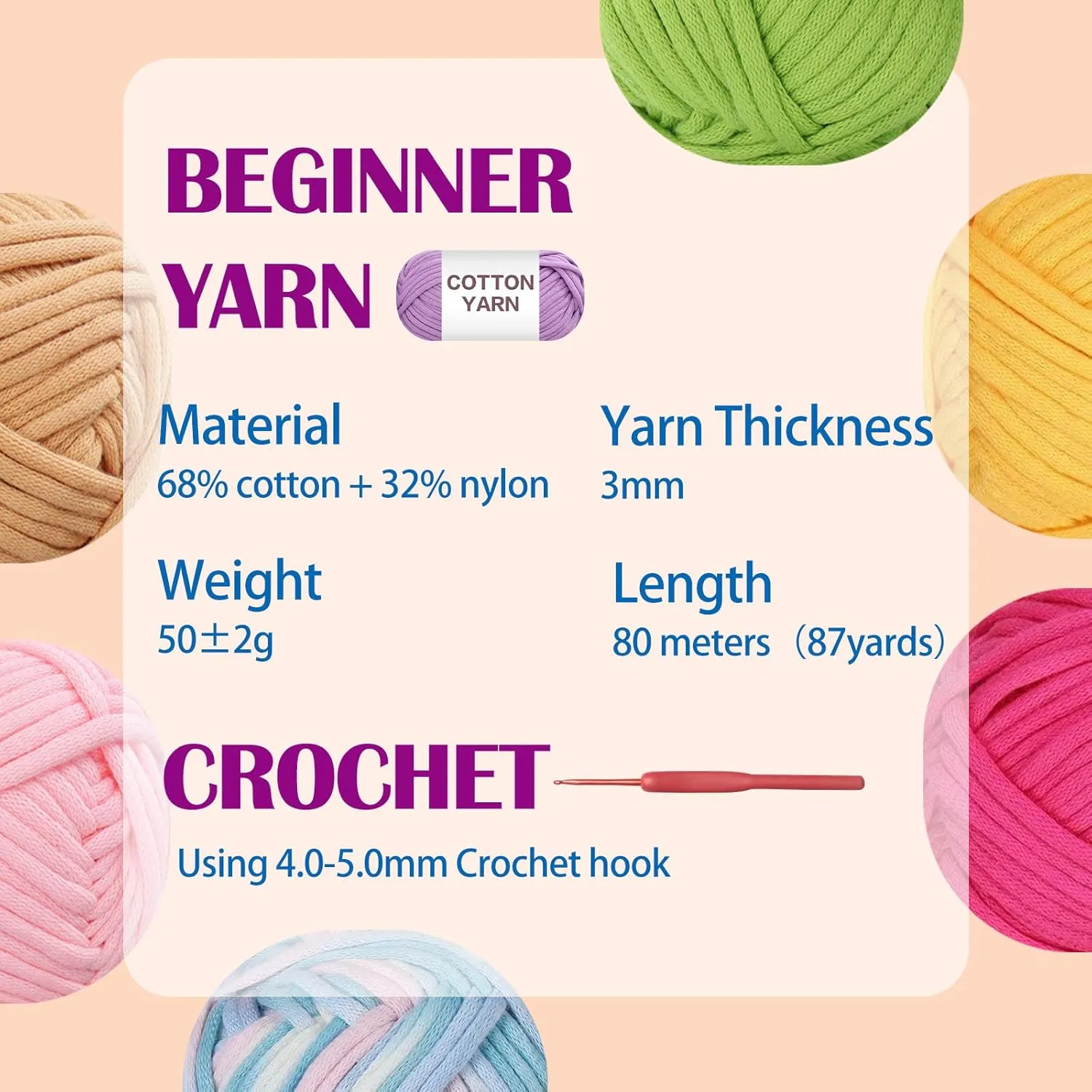 10×50g Beginners Yarn Kit for Crocheting and Knitting,Cotton Nylon Blend Yarn for Hand DIY Bag Basket Dolls and Cushion A