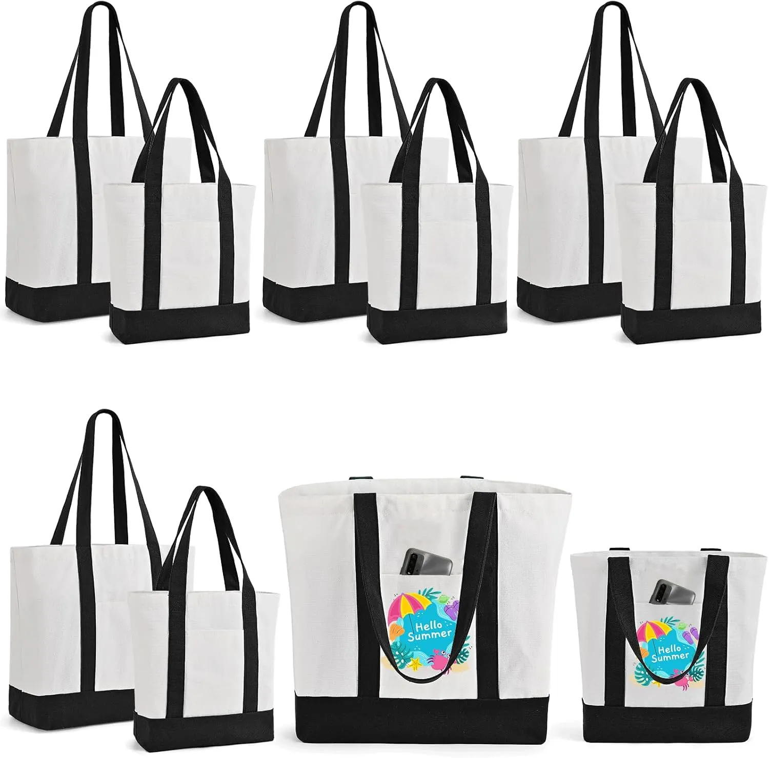 10Pack Canvas Tote Bag Bulk with Outer Pocket, 12oz Cotton Blank Canvas Tote Bags 19 x 14.6Inch, 13 x 11Inch Reusable Grocery Bags Shopping Cloth Bags Canvas Tote Bag for Women, DIY (Black/White)