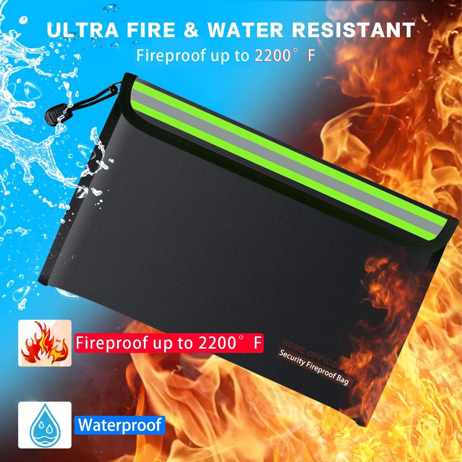 11"x6.7" Fireproof Document Bag Home Office Travel Fireproof Safe Storage Pouch for Document Cash Money Valuables Jewelry Passport Currency Mobile Power Bank Lipo Battery