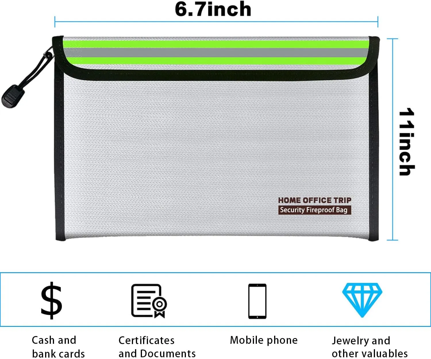 11"x6.7" Fireproof Document Bag Home Office Travel Fireproof Safe Storage Pouch for Document Cash Money Valuables Jewelry Passport Currency Mobile Power Bank Lipo Battery