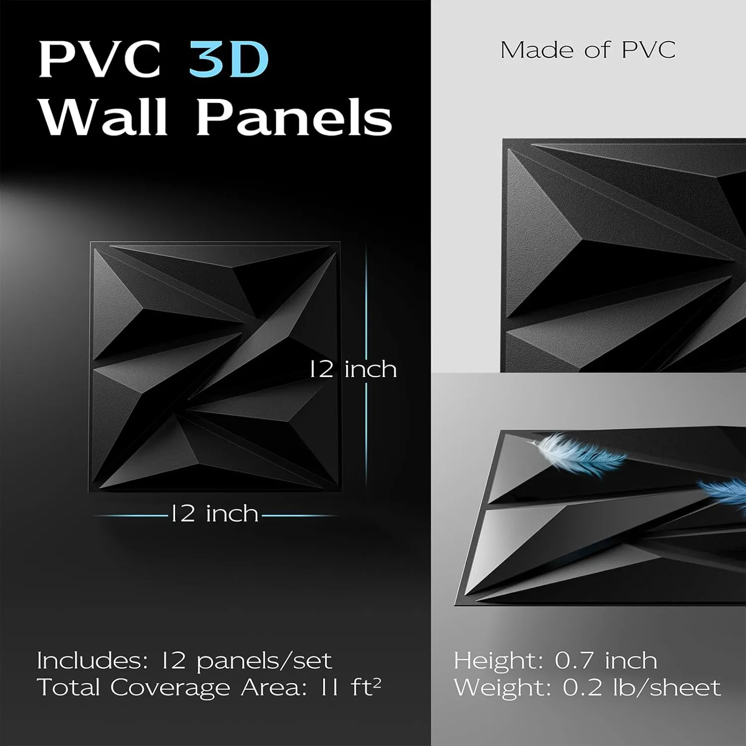 12 Pack 3D Wall Panels for Interior Wall Decor,PVC Textured Wall Panel for Home and Office Interiors, Black, 12"x12", Covers 11 Sq.Ft.