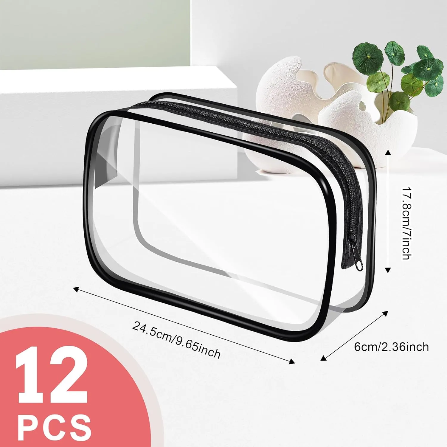 12 PCS Clear Makeup Bags,Clear Toiletry Bag,PVC Clear Cosmetic Bags with Zipper,Portable Transparent Toiletry Bags for Travel Women Men(Black,Large)